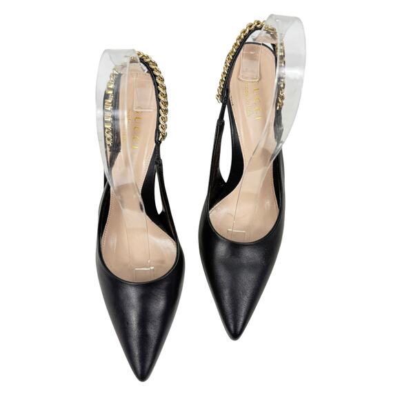 Gucci Signoria Leather Slingback Pointed Toe Pumps Shoes Black Size 37 - Picture 4 of 12